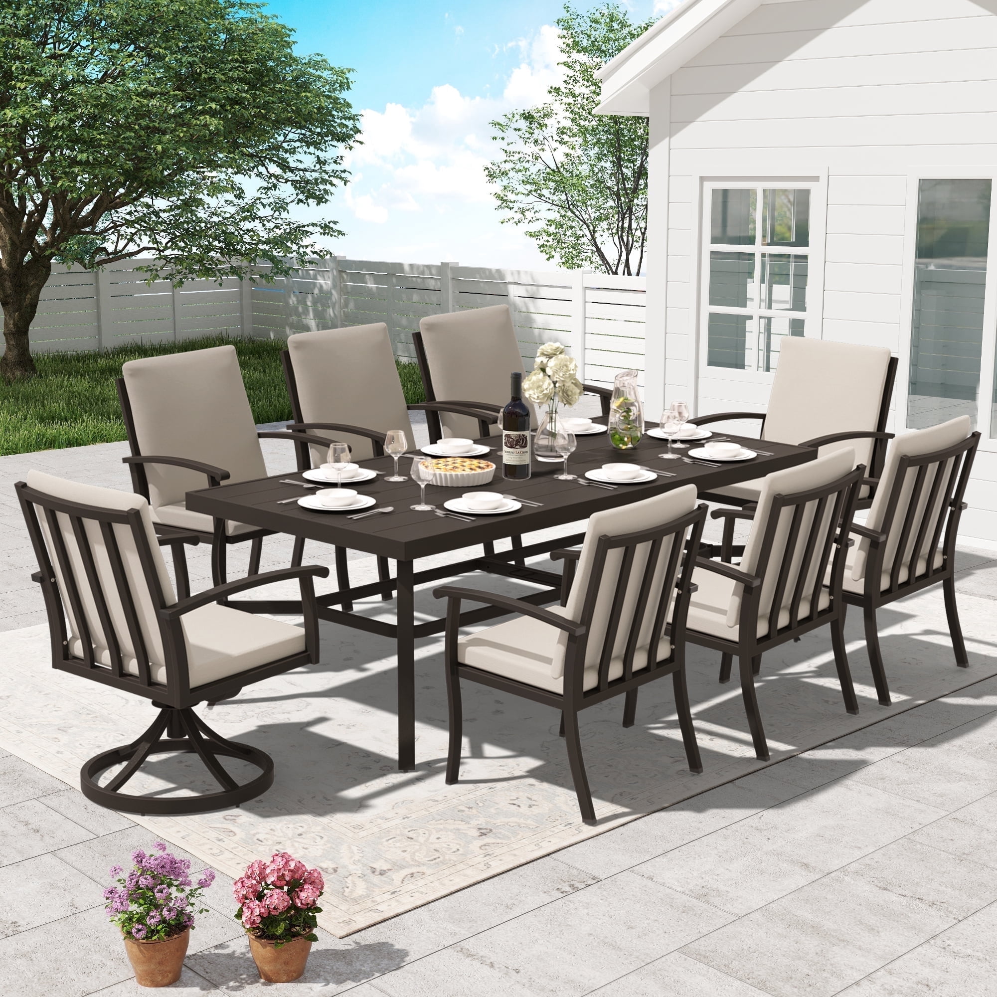 HAPPATIO Aluminum 9 Piece Patio Dining Sets, Outdoor Dining Set for 8, Patio Furniture Sets, 2 Swivel Dining Chairs, 6 Dining Chairs, Aluminum Furniture Set for Patio, Yard (Black)