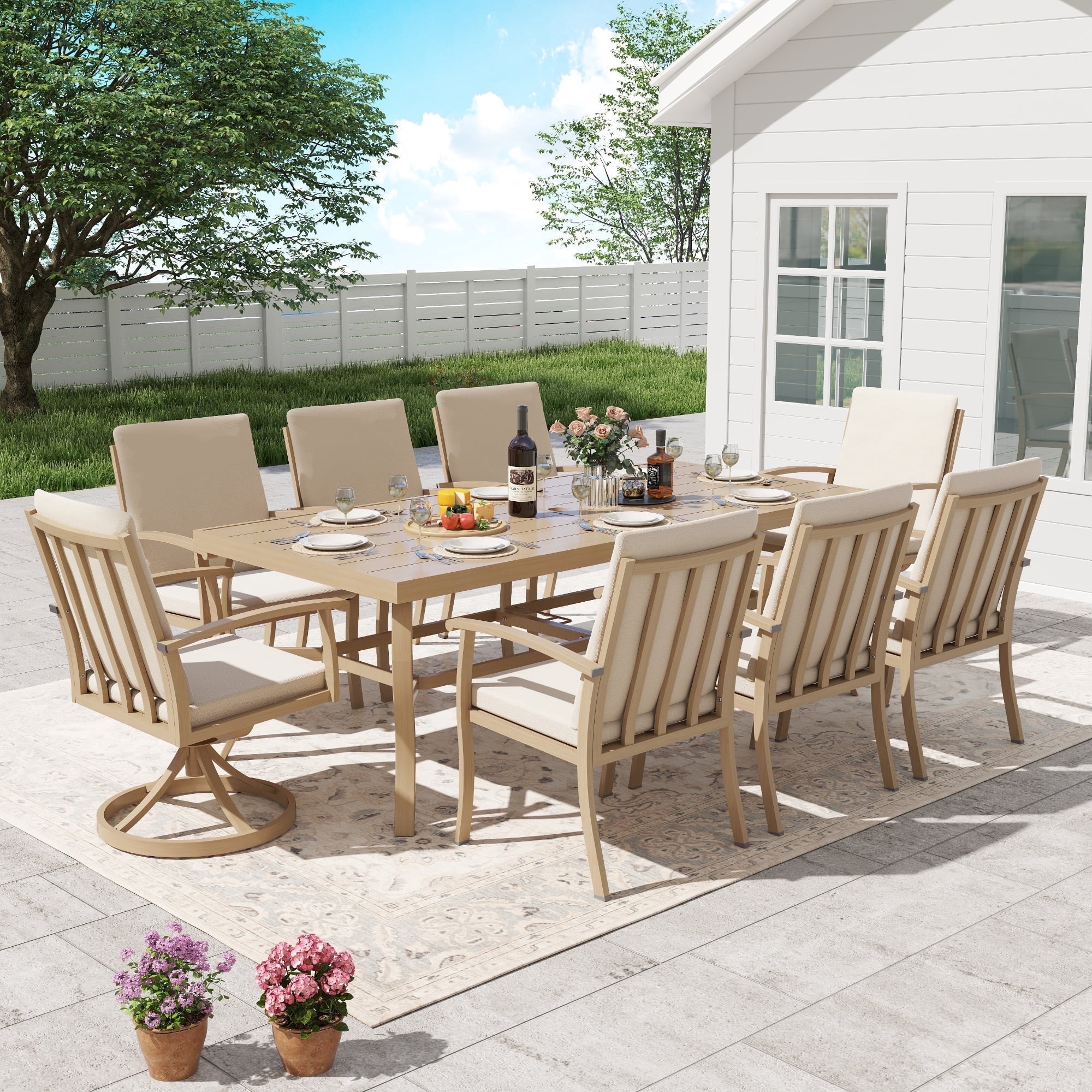 HAPPATIO Aluminum 9 Piece Patio Dining Sets, Outdoor Dining Set for 8, Patio Furniture Sets, 2 Swivel Dining Chairs, 6 Dining Chairs, Aluminum Furniture Set for Patio, Yard (Beige)