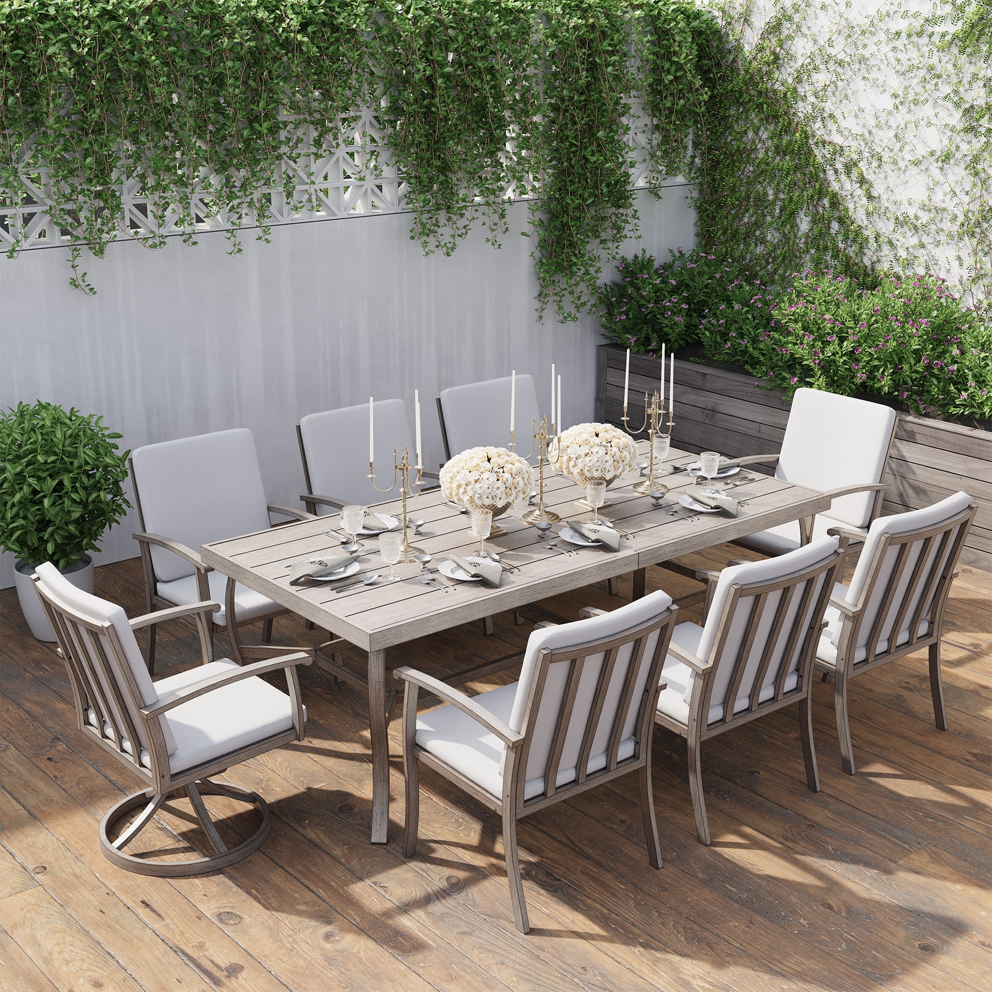 HAPPATIO Aluminum 9 Piece Patio Dining Sets, Outdoor Dining Set for 8, Patio Furniture Sets, 2 Swivel Dining Chairs, 6 Reg. Dining Chairs, Aluminum Furniture Set for Patio, Yard (Gray)