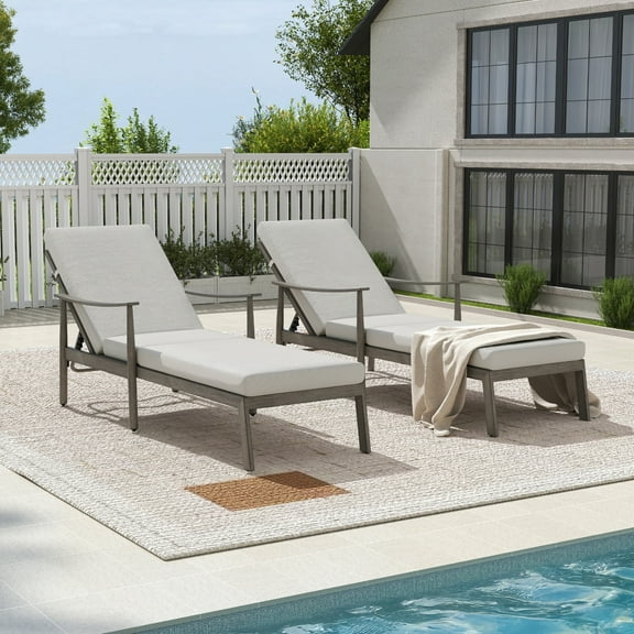 HAPPATIO Outdoor Chaise Lounge Chair Set of 2, Aluminum Pool Chair with Adjustable Backrest and Cushion, Curved Armrest, Outdoor Lounge Chair for Beach, Yard, or Poolside (Grey)