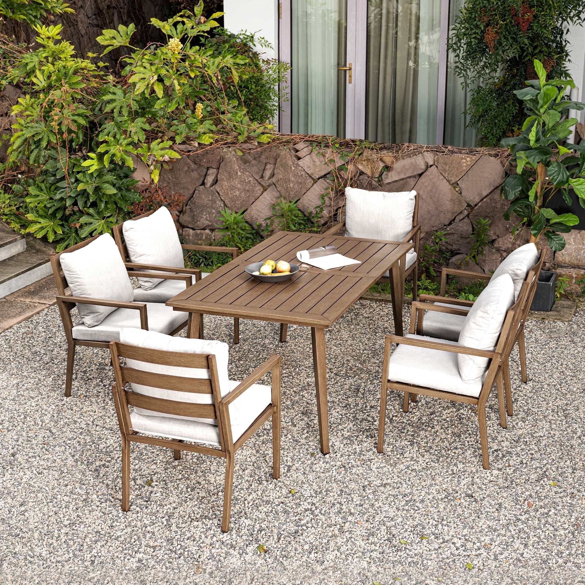 HAPPATIO Outdoor Dining Set, 7-Piece Patio Aluminum Dining Set with Wood-Like Hand-Painted Finish, 6 Chairs with Waterproof Cushions, Easy Assembly for Backyard, Garden, Porch