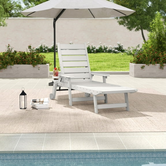 HAPPATIO Outdoor Lounge Chair with Wheels, 5 Adjustable Backrest with Armrest & Cup Holder, HDPE Plastic Pool Chaies Lounge with Wood Texture for Poolside, Deck, White
