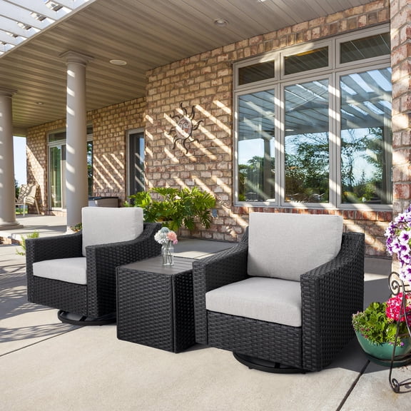 HAPPATIO 3-Piece Aluminum sofa set, Wicker Patio Bistro Set for 2, 360-Degree Swivel Chair x2, Side Table, for Yard, Porch, Balcony (Brown+Beige)