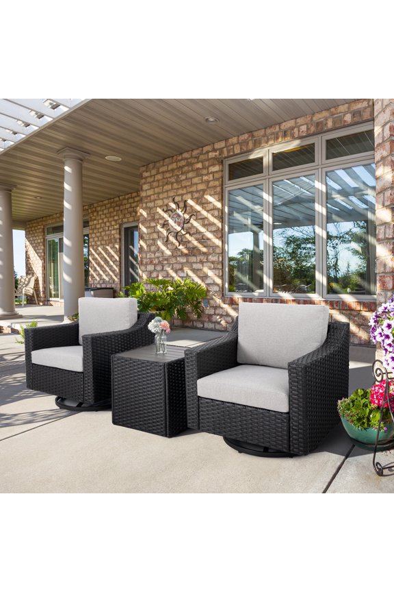 3-Piece Aluminum sofa set, Wicker Patio Bistro Set for 2, 360-Degree Swivel Chair x2, Side Table, for Yard, Porch, Balcony (Brown+Beige)