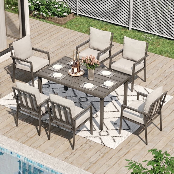 HAPPATIO Patio Dining Set for 6, 7-Piece Outdoor Aluminum Dining Furniture Set, 6 Cushioned Dining Chairs and Table for Deck Yard Poolside, Rust-Proof, Weather-Resistant, Easy Assembly