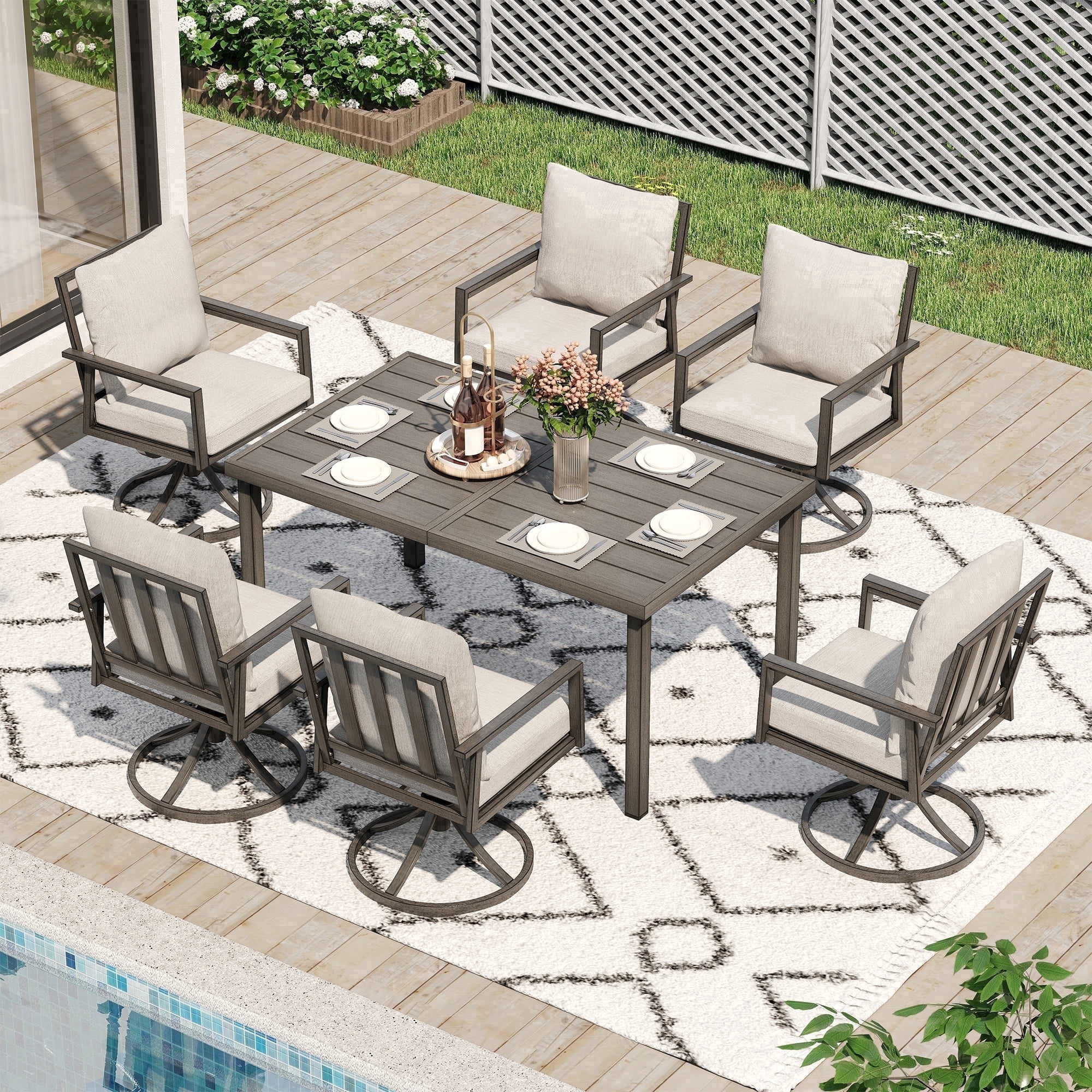 HAPPATIO Patio Dining Set for 6, 7-Piece Outdoor Aluminum Dining Furniture Set, 6 Cushioned Swivel Dining Chairs and Table for Deck Yard Poolside, Rust-Proof, Weather-Resistant, Easy Assembly