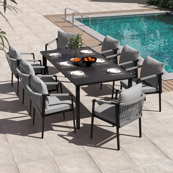 HAPPATIO Patio Dining Set, 9-Piece Outdoor Dining Table and Chairs Set, Metal Woven Wicker Rope Chairs with Cushions, All-Weather PE Rattan Outdoor Dining Set for Lawn Garden