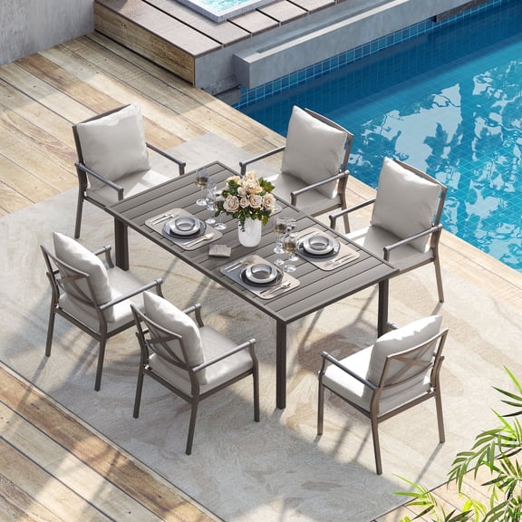 HAPPATIO 7-Piece Outdoor Dining Set - Patio Dining Set for 6. Includes 1 Rectangular Table, 6 Dining Chairs with Cushions, for Lawn, Garden