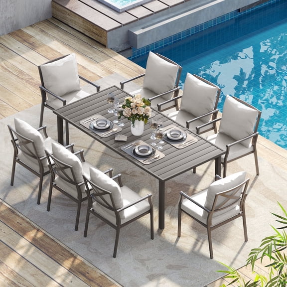 HAPPATIO 9-Piece Outdoor Dining Set - Patio Dining Set for 8. Includes 1 Rectangular Table, 8 Dining Chairs with Cushions, for Lawn, Garden