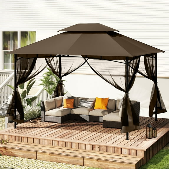 HAPPATIO Patio Gazebo 10' X 12', Ventilated Double Roof & Mosquito Netting, Outdoor Gazebo with Metal Frame, Soft Top Canopy for Backyard, Deck, Poolside