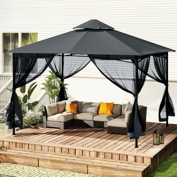 HAPPATIO Patio Gazebo 12' X 12', Ventilated Double Roof & Mosquito Netting, Outdoor Gazebo with Metal Frame, Soft Top Canopy for Backyard, Deck, Poolside