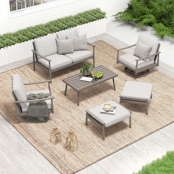 HAPPATIO 6-Pc Aluminum Patio Sofa Set, Outdoor Conversation set, Loveseat, Coffee Table, Swivel Sofa x2, Ottoman x2, Rope Backrest, for Yard, Deck