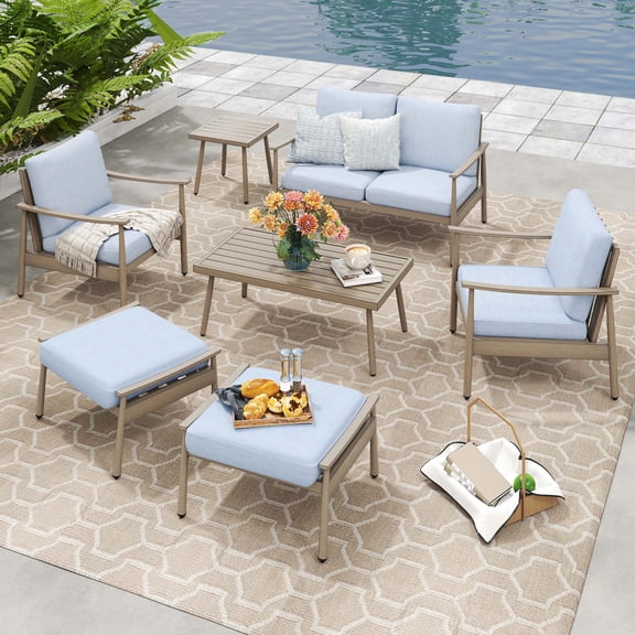 HAPPATIO Patio Outdoor Furniture Set - 7 Pieces Aluminum Outdoor Conversation Set Includes 1 Loveseat, 1 Coffee Table, 1 Side Table, 2 Armchairs, and 2 Ottomans for Porch, Lawn (Brown)