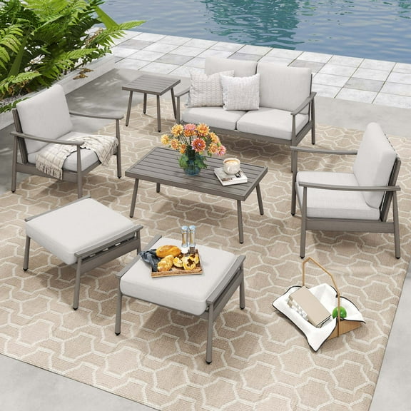 HAPPATIO Patio Outdoor Furniture Set - 7 Pieces Aluminum Outdoor Conversation Set Includes 1 Loveseat, 1 Coffee Table, 1 Side Table, 2 Armchairs, and 2 Ottomans for Porch, Lawn (Grey)