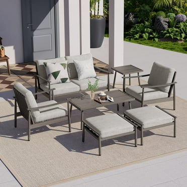 HAPPATIO Patio Outdoor Furniture Set - 7 Pieces Aluminum Outdoor Conversation Set Includes 1 Loveseat, 1 Coffee Table, 1 Side Table, 2 Armchairs, and 2 Ottomans for Porch, Lawn (Grey)