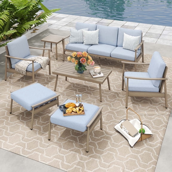HAPPATIO 7-Pc Aluminum Patio Sofa Set, Outdoor Conversation set, 3 Seatsofa, Coffee Table, Side Table, Sofa x2, Ottoman x2, for Yard, Deck, Porch