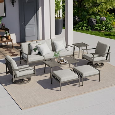 HAPPATIO Patio Outdoor Furniture Set - 7 Pieces Aluminum Outdoor Conversation Set Includes 1 Three-Seater Sofa, 1 Side Table, 1 Coffee Table, 2 Swivel Chairs and 2 Ottomans for Porch, Lawn (Grey)