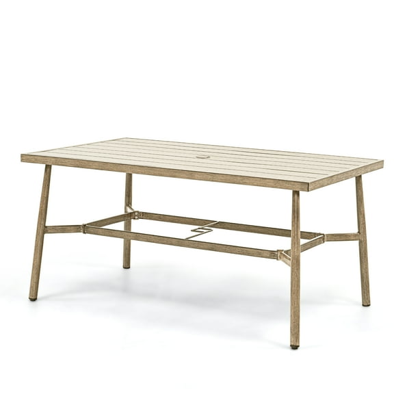 HAPPATIO Patio Table for 6, Large Modern Rectangle Outdoor Dining Table with Umbrella Hole and Adjustable Feet, All Weather Aluminum Patio Table for Garden, Backyard and Poolside, Brown