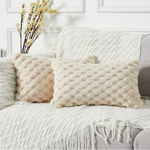 HAPPINESS 12x20 Inch Pack of 2 Super Soft Cozy Lumbar Decorative Throw Pillow Covers Fuzzy Plush Faux Fur Luxury Cushion Cover Pillowcase for Sofa Couch Bed Livingroom, Beige