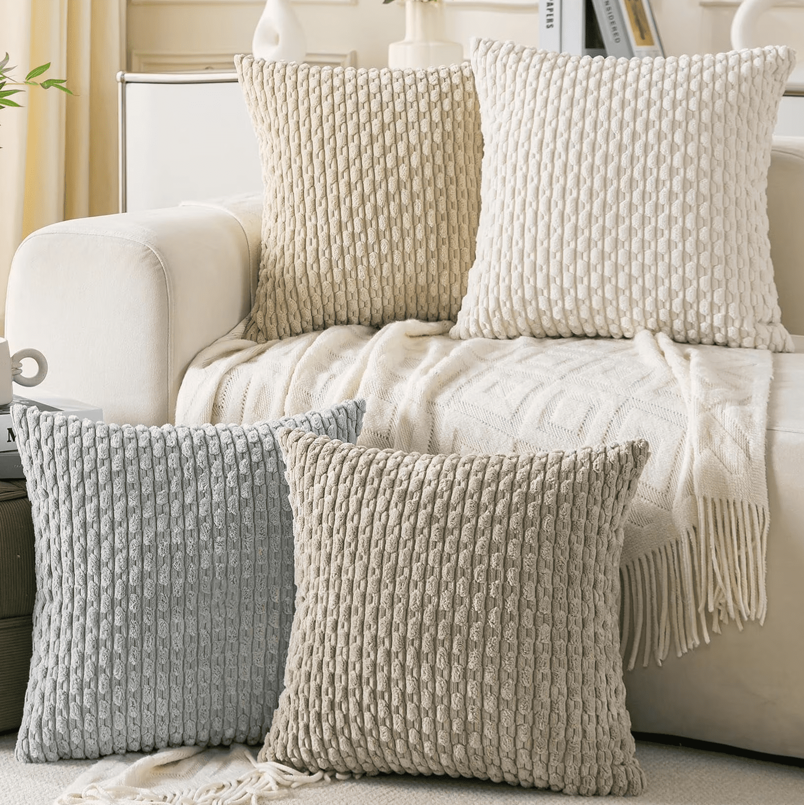 HAPPINESS 4 Pack Decorative Throw Pillow Covers, 20x20 Inch Soft Plush Striped Corduroy Couch Pillow Covers, Neutral