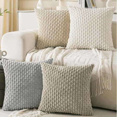 HAPPINESS Pack of 4 Throw Pillow Covers 20x20,  Soft Plush Striped Corduroy Couch Pillow Covers, Neutral