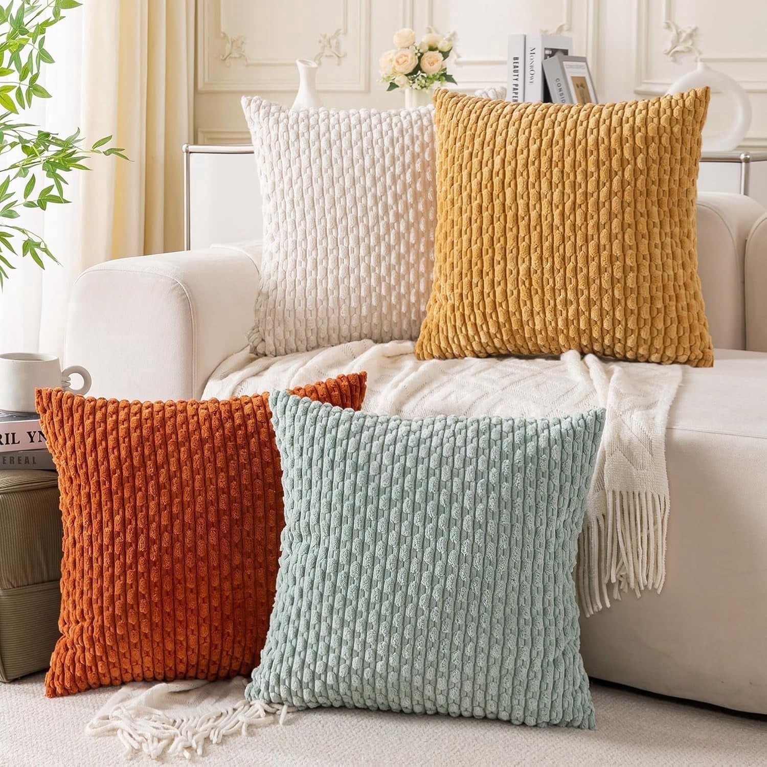 HAPPINESS 4 Pack Decorative Throw Pillow Covers, 22x22 Inch Soft Plush Striped Corduroy Couch Pillow Covers, Yellow Rust Aqua