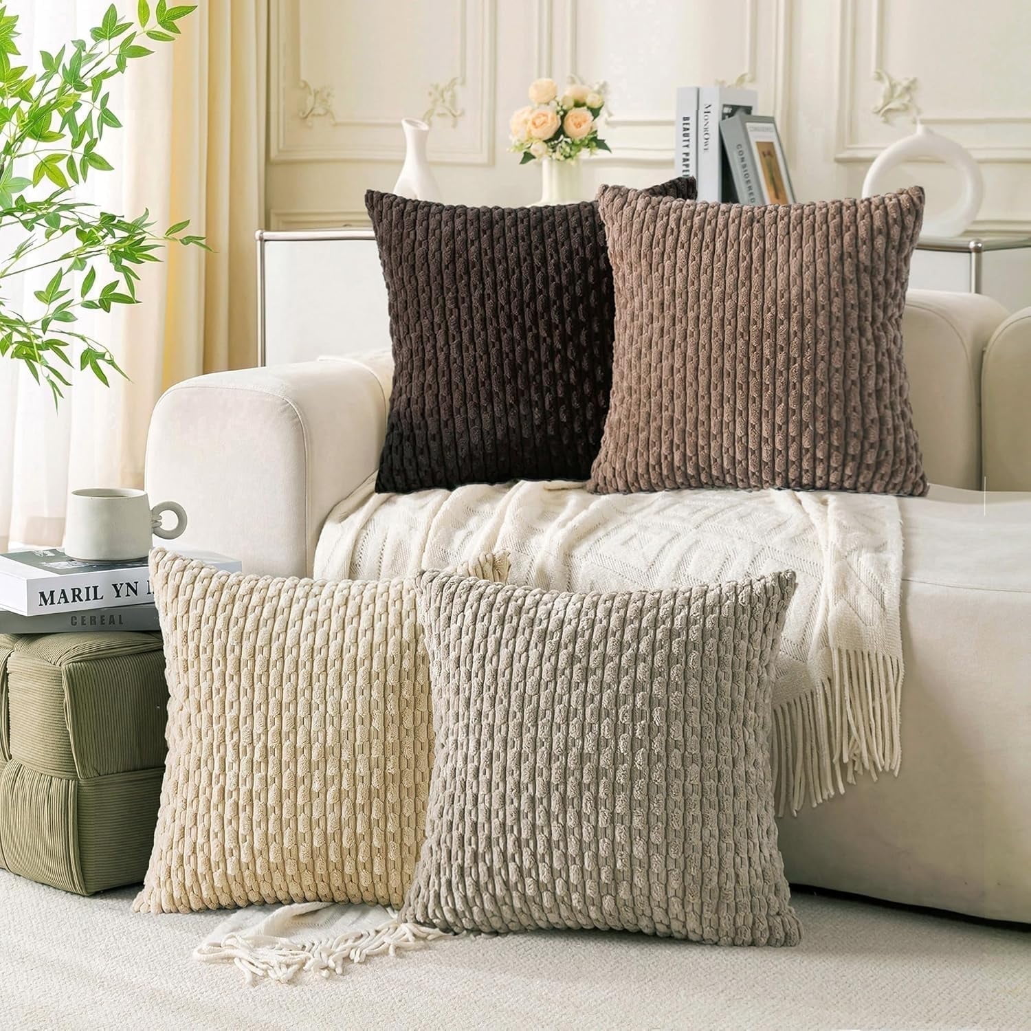 HAPPINESS Pack of 4 Throw Pillow Covers 24x24, Christmas Soft Plush Striped Corduroy Couch Pillow Covers, Beige Brown Coffee