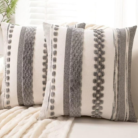 Boho Throw Pillow Covers 18x18 Set of 2 Farmhouse Decorative Cushion Case Striped Square Pillows Cover Chenille Pillow Cases Accent Neutral Pillowcase for Sofa Couch Bed