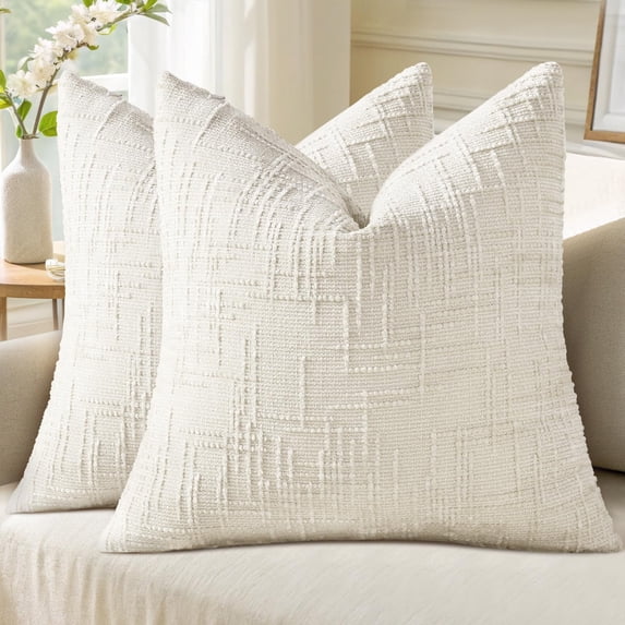 HAPPINESS Chenille Throw Pillow Covers 22x22 Set of 2 Thick Textured Slubby Couch Pillow Covers Farmhouse Accent Modern Neutral Decorative Pillow Cases for Bed Sofa Living Room