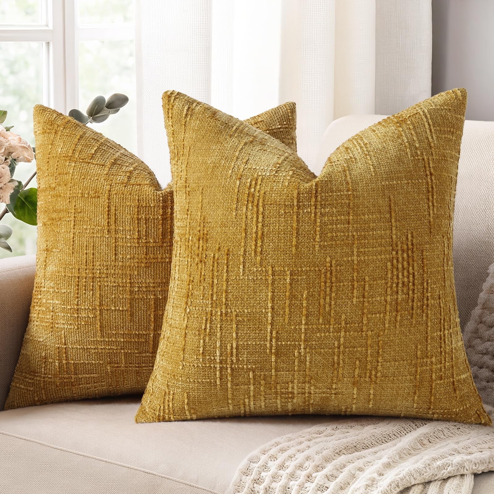 HAPPINESS Chenille Throw Pillow Covers 20x20 Set of 2 Thick Textured Slubby Couch Pillow Covers Farmhouse Accent Modern Neutral Decorative Pillow Cases for Bed Sofa Living Room