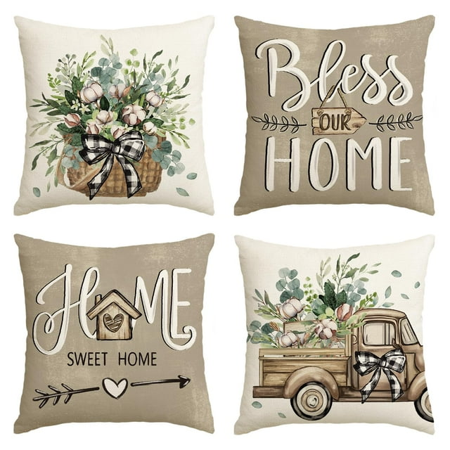 HAPPINESS Spring Summer Pillow Covers 18x18 inches, Farmhouse Flower Print Decorative Throw Pillow Covers 4 Piece Set, Cotton Linen Sofa Cushion Cover, Garden Patio Home Decor