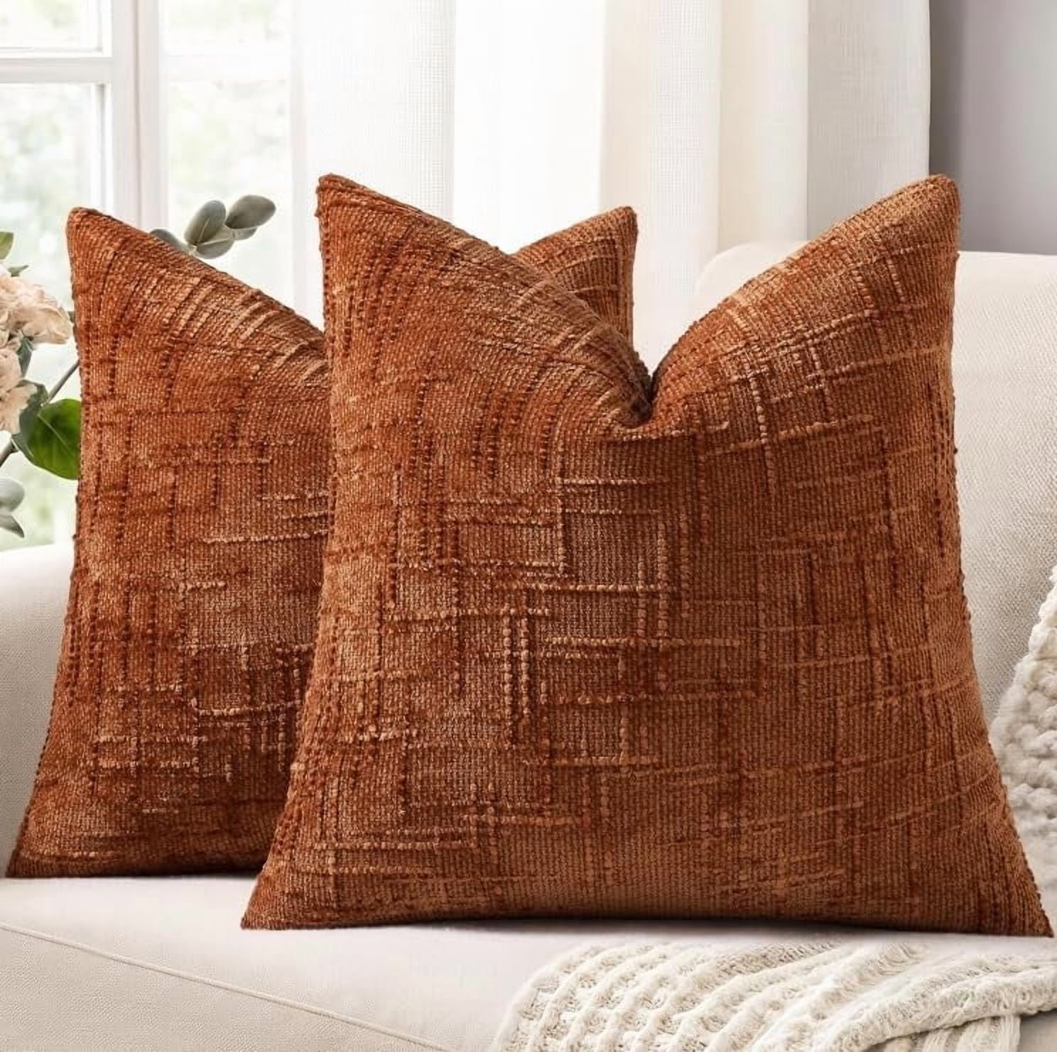 HAPPINESS Chenille Throw Pillow Covers 22x22 Set of 2 Thick Textured Slubby Couch Pillow Covers Farmhouse Accent Modern Neutral Decorative Pillow Cases for Bed Sofa Living Room
