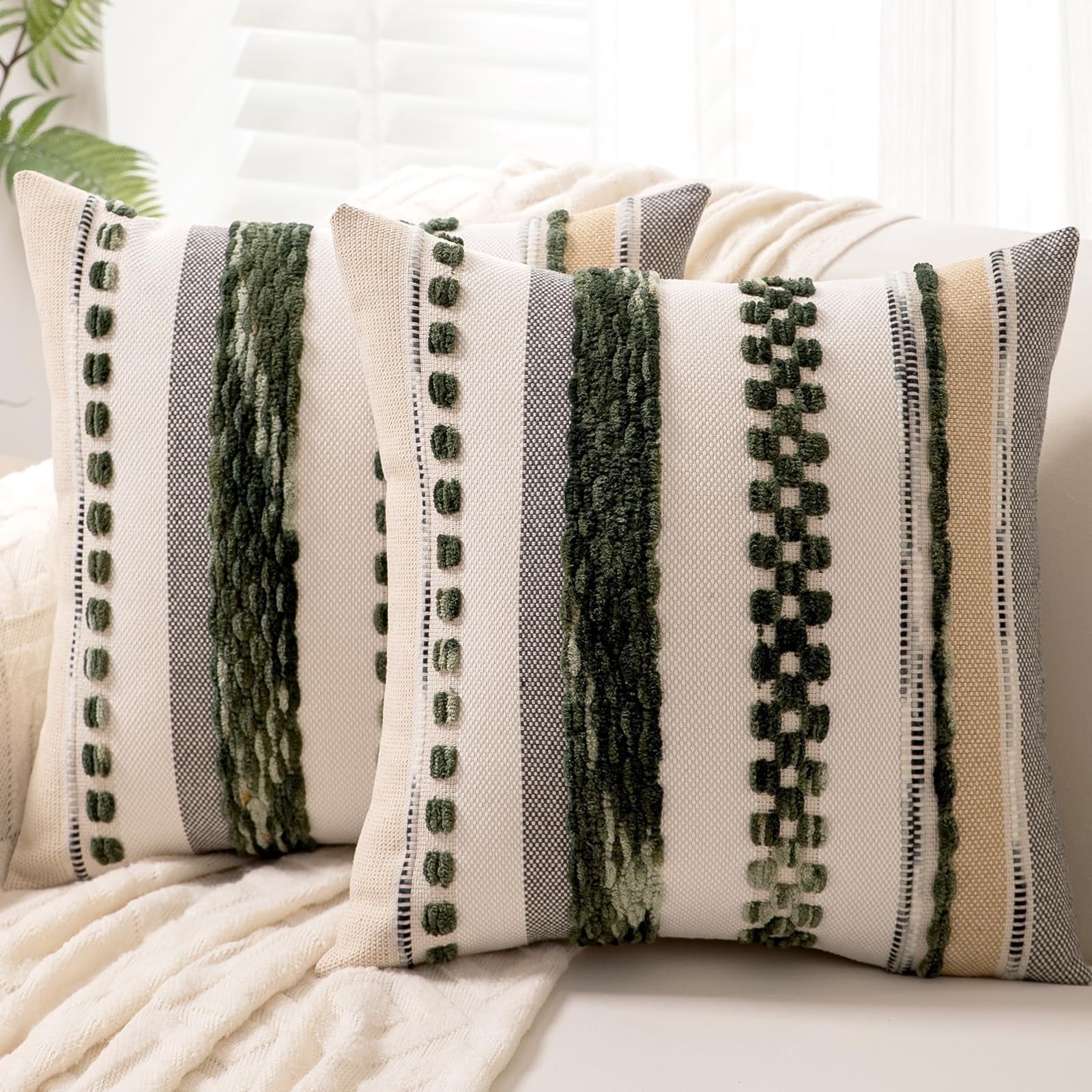 Boho Throw Pillow Covers 18x18 Set of 2 Farmhouse Decorative Cushion Case Striped Square Pillows Cover Chenille Pillow Cases Accent Neutral Pillowcase for Sofa Couch Bed