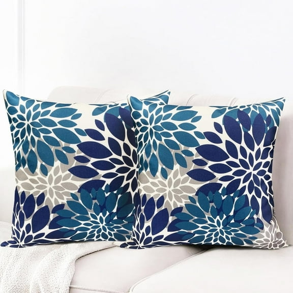 HAPPINESS Soft Touch 18 x 18 Inch Modern Decorative Throw Pillow Covers, Blue Floral Flower Farmhouse, Linen, Breathable, 2 Count