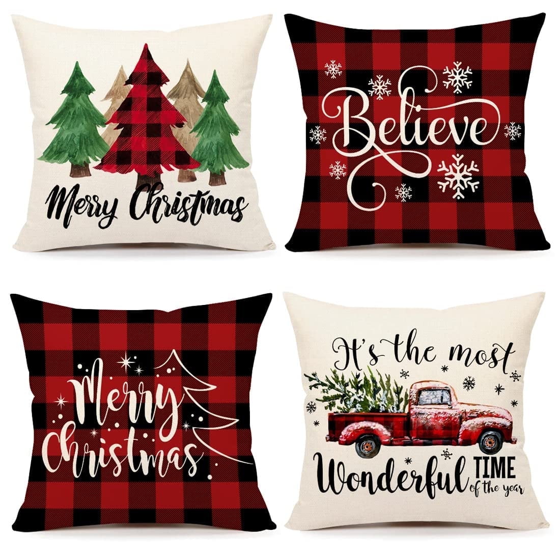 Festive Red and Black Buffalo Plaid Christmas Pillow Covers Set of 4