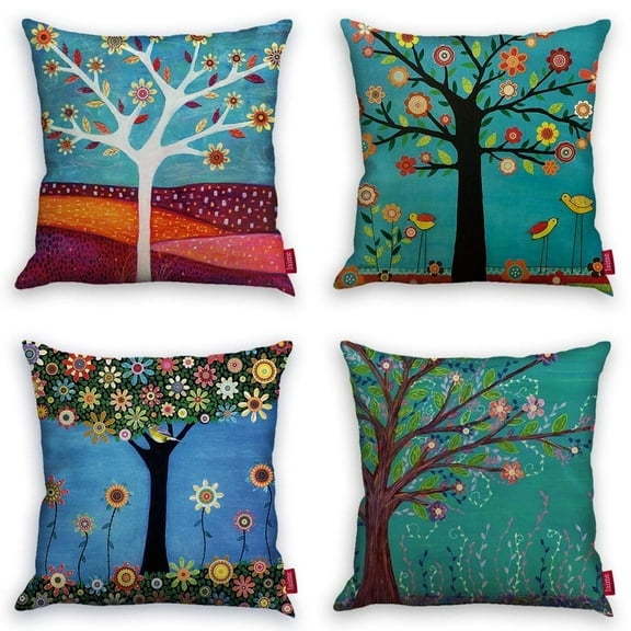 HAPPINESS Throw Pillow Covers Natural Pattern Decorative Pillowcases 18x18inch (4 Pieces Set) Pillow Cases Home Car Decorative Trees and Birds