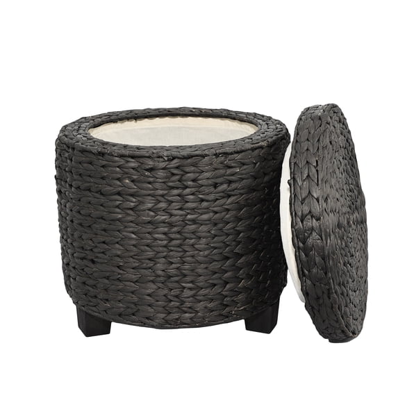 happimess Addie 17.72" Modern Coastal Hand-Woven Water Hyacinth Storage Ottoman with Lid, Black, SSL1002C