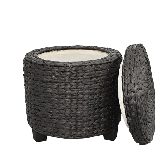 happimess Addie 17.72" Modern Coastal Hand-Woven Water Hyacinth Storage Ottoman with Lid, Black, SSL1002C