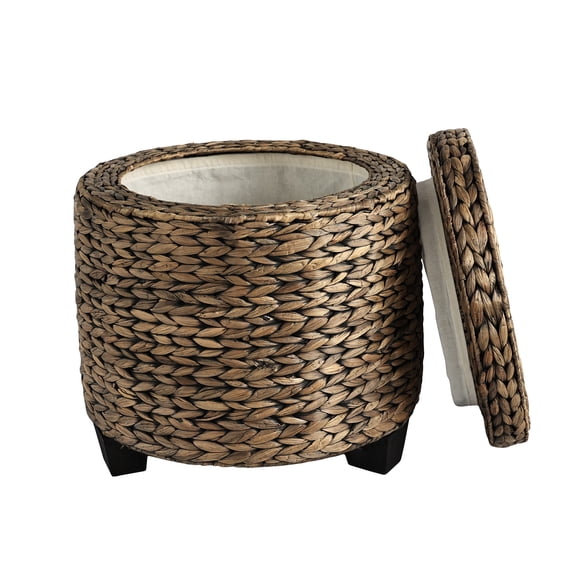 happimess Addie 17.72" Modern Coastal Hand-Woven Water Hyacinth Storage Ottoman with Lid, Brown Wash, SSL1002B