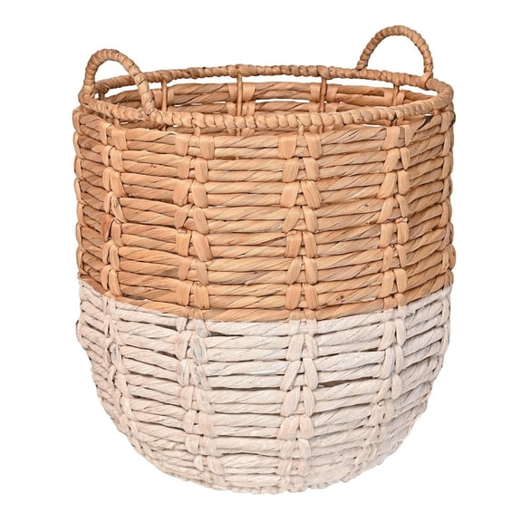 happimess Laurel 19.49" Bohemian Hand-Woven Abaca Hamper Basket with Handles, Natural/White, BSK1003E
