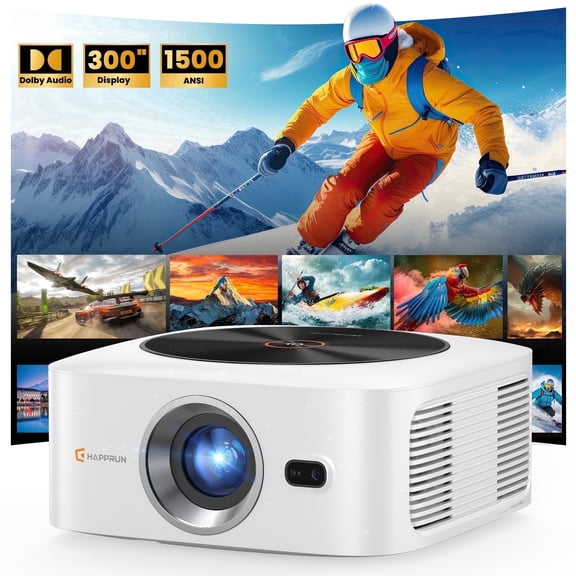 HAPPRUN 1500 ANSI Lumens Smart Projector with Built-in Streaming Apps, 4K Decoding Movie Projector with WiFi & Bluetooth, Dolby Audio, Auto Focus & Keystone, Outdoor Projector for Home Theater