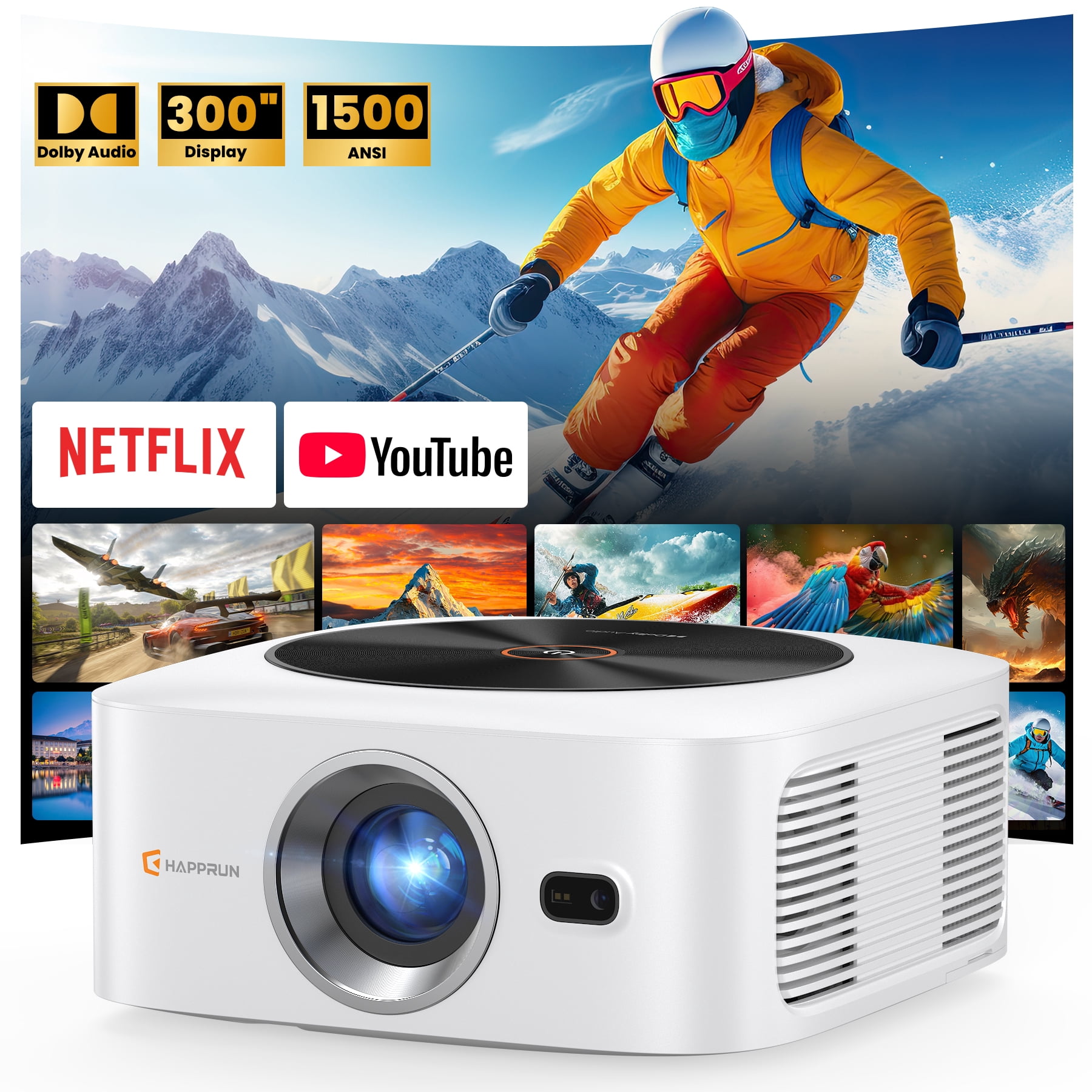HAPPRUN 1500 ANSI Lumens Smart Projector with Built-in Streaming Apps, 4K Decoding Movie Projector with WiFi & Bluetooth, Dolby Audio, Auto Focus & Keystone, Outdoor Projector for Home Theater