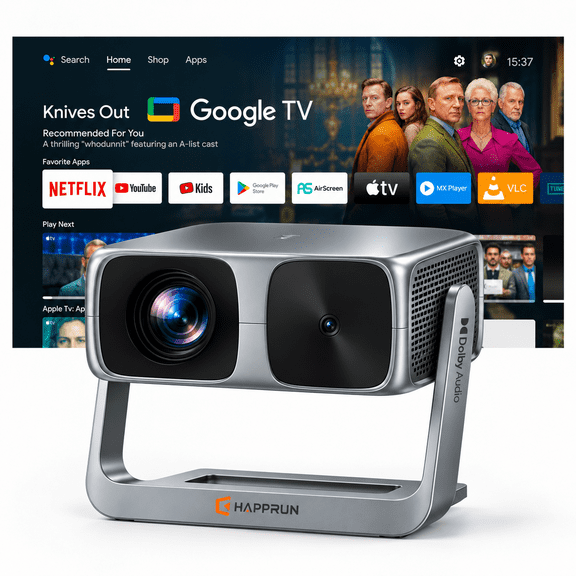 HAPPRUN 2500 ANSI Smart Projector, Google TV Bulit in, Projector with Wifi and Bluetooth, Google Cast & AirPlay, Hi-Fi Sound with Dolby Audio, Portable TV Projector for Home Theater & Outdoor