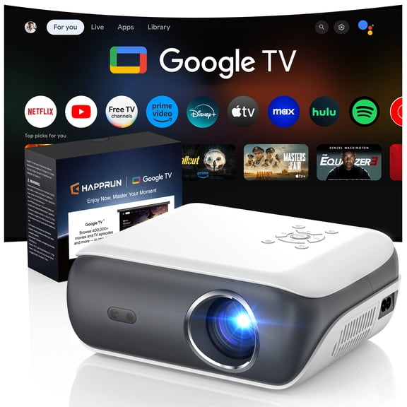 Open Box HAPPRUN Official Licensed Google TV Projector, 4K Smart Projector with WiFi & Bluetooth, Outdoor Movie Projector with Dolby Sound, Built-in Streaming Apps, Compatible with Game Consoles & Sm