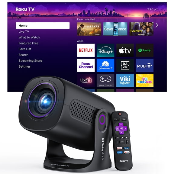Roku TV Projector, HAPPRUN Smart Projector with Wifi and Bluetooth, Roku TV Built-in, DoIby Audio, Portable Mini Projector Compatible with Google Home & Apple Home, Movie Projector for Outdoor