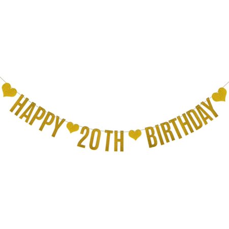 HAPPY 20TH BIRTHDAY Banner,Gold Glitter Paper Banner for 20th Birthday Party Decorations Supplies,Pre-Strung, No Assembly Needed,Letters Gold