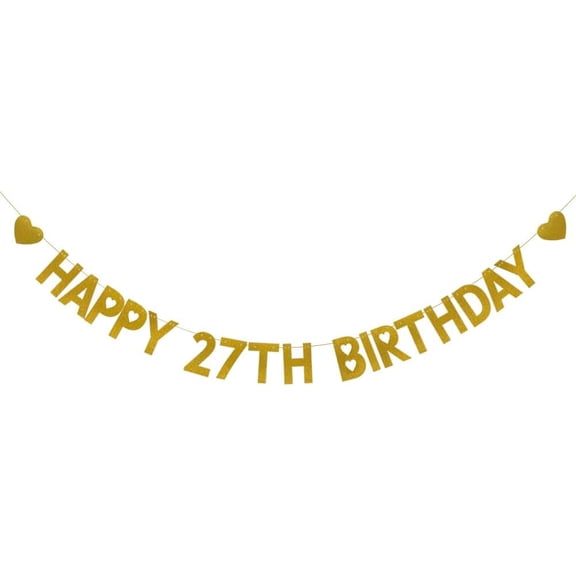 HAPPY 27TH BIRTHDAY Banner, Pre-Strung, Gold Glitter Paper Garlands for 27th Birthday Party Decoratiopns Supplies, Letters Gold