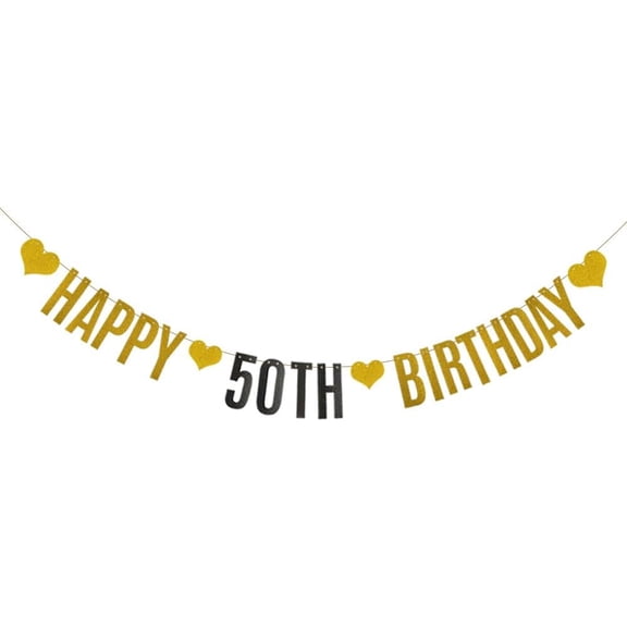 HAPPY 50TH BIRTHDAY Banner,Pre-Strung,Gold Paper Glitter Party Decorations for 50th Birthday Party Supplies Letters Gold