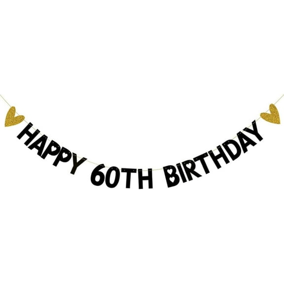 HAPPY 60TH BIRTHDAY Banner,Pre-Strung,Black Paper Glitter Party Decorations for 60 Years Old 60TH Birthday Party Supplies Letters Black