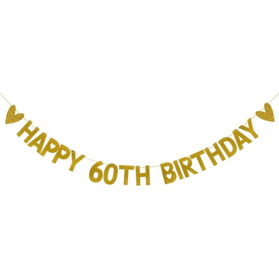HAPPY 60TH BIRTHDAY Banner,Pre-Strung,Gold Paper Glitter Party Decorations for 60 Years Old 60TH Birthday Party Supplies Letters Gold